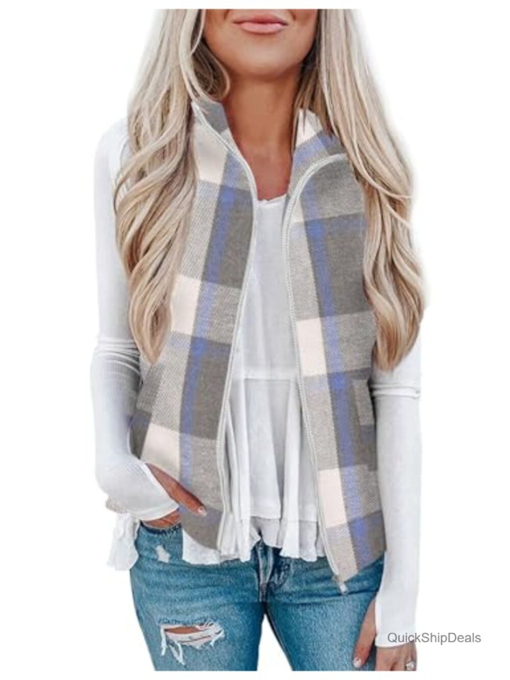 Women's Plaid Flannel Sleeveless Zip-Up Vest with Pockets